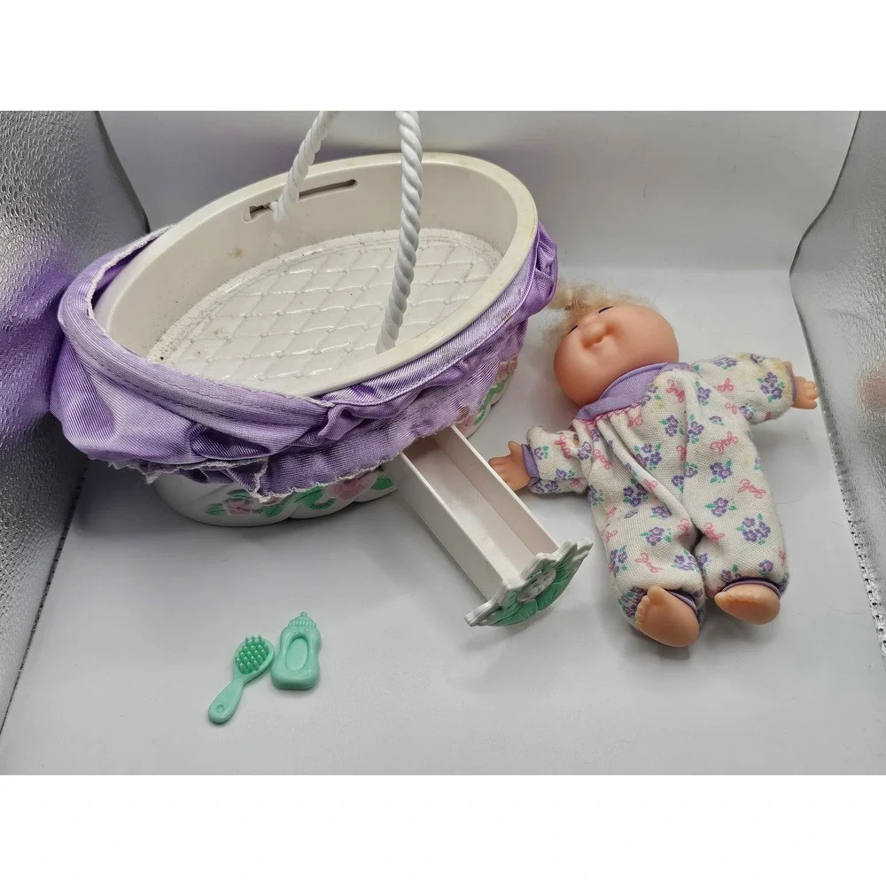 Vintage Cabbage Patch Mini Doll Bassinet Set Purple Floral 90s Toy Accessory